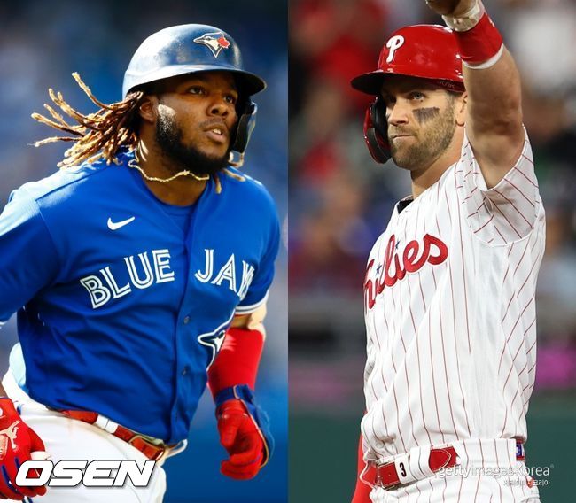 [사진] 토론토 블루제이스 블라디미르 게레로 주니어(왼쪽), 필라델피아 필리스 브라이스 하퍼. ⓒGettyimages(무단전재 및 재배포 금지)