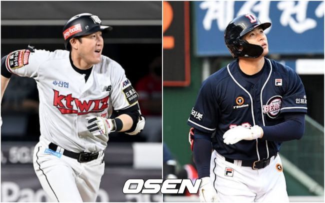 KT 위즈의 유한준(왼쪽)과 두산 베어스의 김재환. /OSEN DB