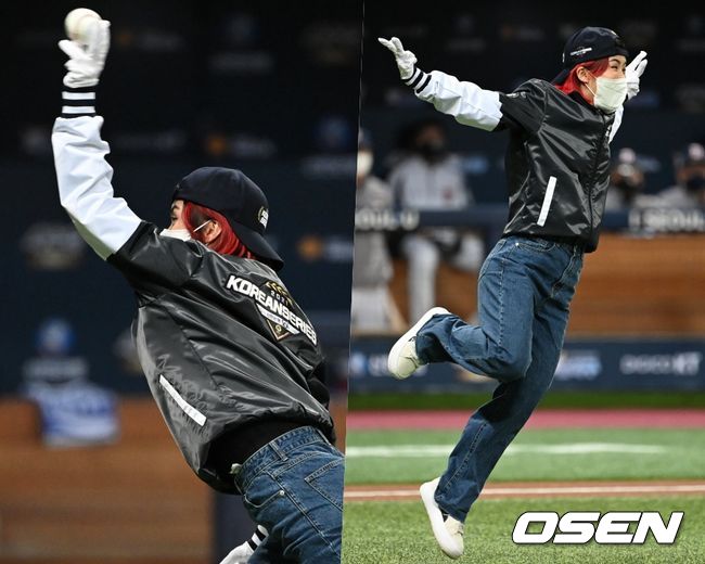 댄서 아이키가 15일 서울 고척스카이돔에서 개최된 2021 신한은행 SOL KBO 한국시리즈 2차전 경기에 앞서 시구를 하고 있다. 2021.11.15 /sunday@osen.co.kr