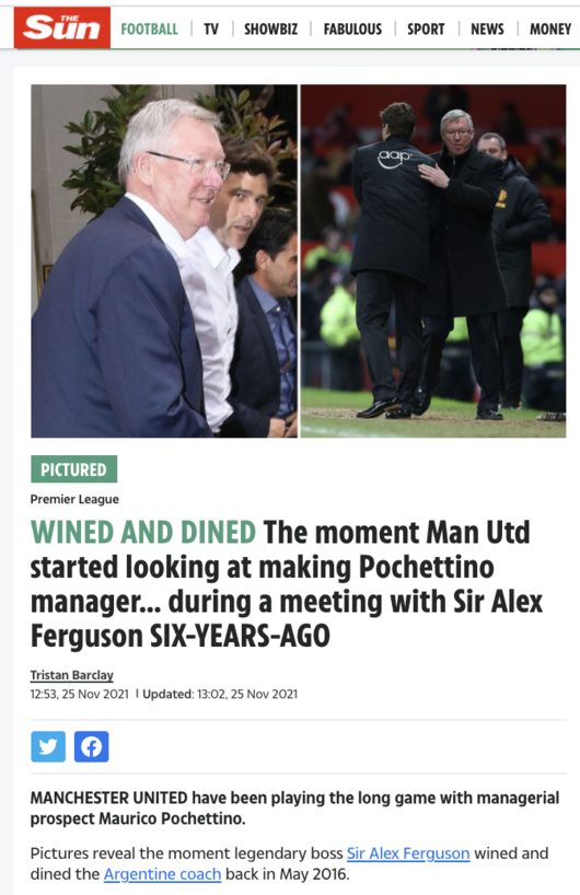 [사진] 알렉스 퍼거슨(왼쪽부터)과 마우리시오 포체티노 / 더 선 홈페이지 캡쳐.