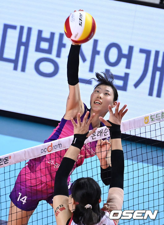 1일 오후 인천 부평구 인천삼산월드체육관에서 2021-2022 도드람 V-리그 여자부 정규리그 프로배구 흥국생명과 페퍼저축은행의 경기가 열렸다.1세트 흥국생명 정윤주가 페퍼저축은행의 블로킹 벽을 피해 공격을 시도하고 있다. 2021.12.01 /sunday@osen.co.kr