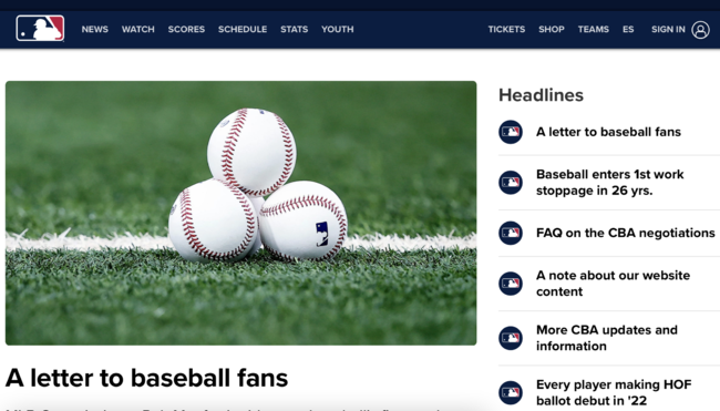 직장폐쇄를 알린 MLB.com 메인 페이지