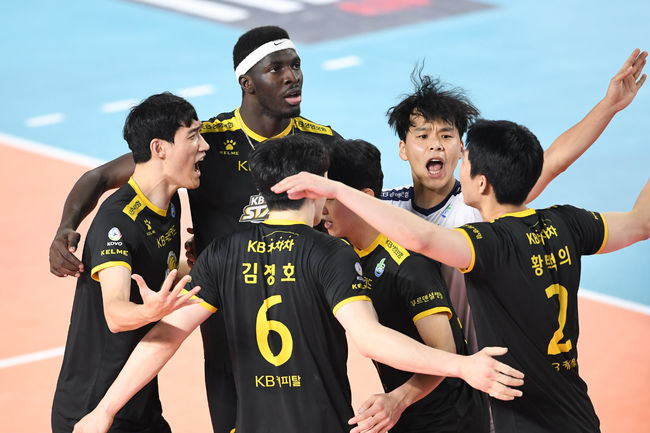 KB손해보험 선수들이 득점 후 기뻐하고 있다. /KOVO 제공
