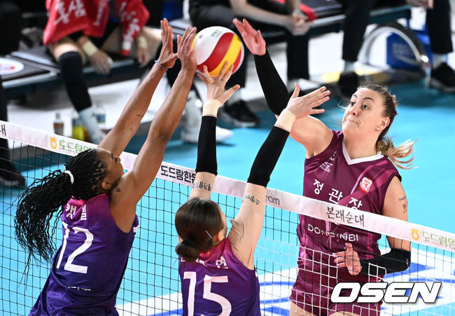 7일 오후 대전 충무체육관에서 프로배구 도드람 2021-2022 V리그 여자부 KGC인삼공사와 흥국생명의 경기가 열렸다.1세트 흥국생명 캣벨이 공격을 시도하고 있다. 2022.01.07