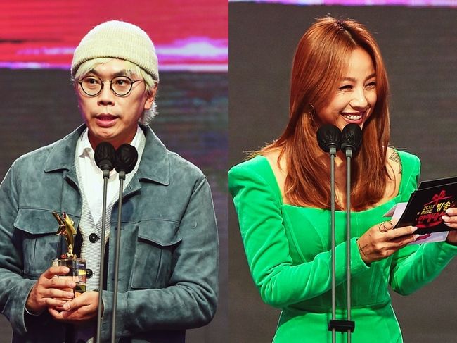 [사진=MBC 제공] 김태호(왼쪽) PD가 MBC 퇴사 후 가수 이효리(오른쪽)와 함께 새 예능을 만든다. 사진은 두 사람이 참석한 '2021 MBC 방송연예대상'. 