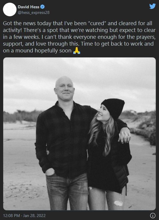 [사진] 암에서 회복됐음을 알린 데이비드 헤스의 트위터. 