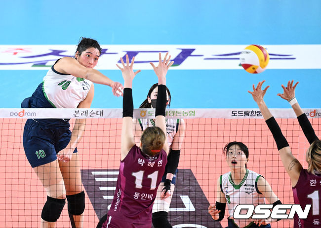 25일 오후 대전 충무체육관에서 프로배구 도드람 2021-2022 V리그 여자부 KGC인삼공사와 현대건설의 경기가 열렸다.1세트 현대건설 야스민이 공격을 시도하고 있다. 2022.02.25 /sunday@osen.co.kr