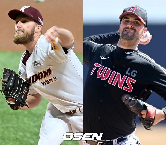 키움 히어로즈 에릭 요키시(왼쪽), LG 트윈스 아담 플럿코. /OSEN DB
