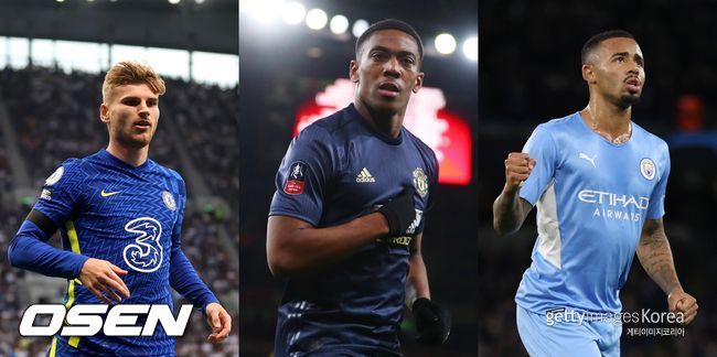 [사진] 티모 베르너(왼쪽), 앙토니 마시알(중앙), 가브리엘 제주스(오른쪽) / ⓒGettyimages(무단전재 및 재배포 금지)