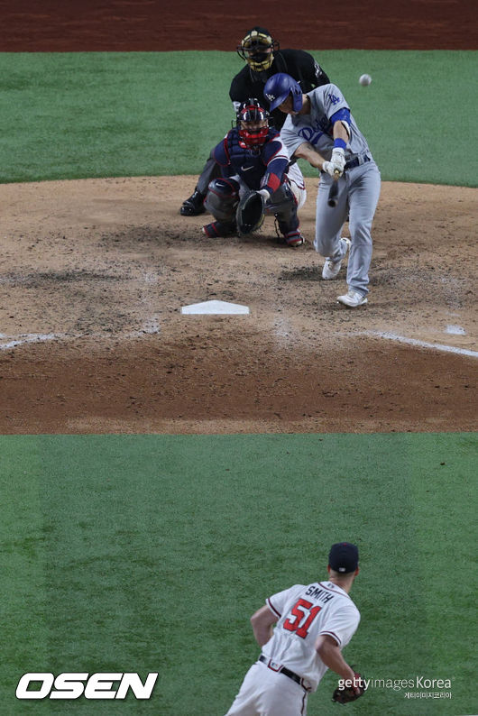 [사진] 다저스 포수 윌 스미스가 애틀랜타 투수 윌 스미스에게 홈런을 치고 있다. ⓒGettyimages(무단전재 및 재배포 금지)