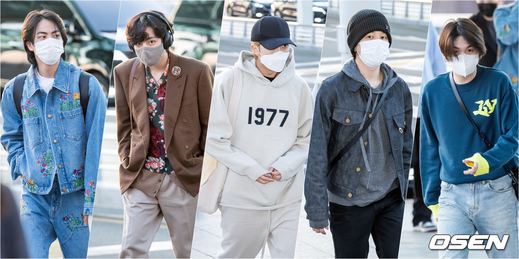 방탄소년단 RM, 진, 슈가, 지민, 뷔가 출국장을 향해 걸어가고 있다. 2022.03.28 /rumi@osen.co.kr