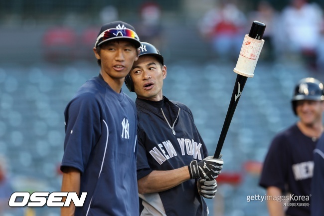 [사진] 2013년 뉴욕 양키즈 시절 스즈키 이치로와 가토 고스케.케.ⓒGettyimages(무단전재 및 재배포 금지)