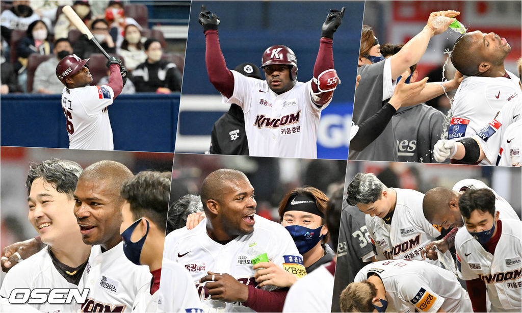 연장 10회말 1사 행운의 2루타를 날린 키움 푸이그가 키움 전병우의 끝내기 안타때 홈을 밟은 후 동료들과 승리의 기쁨을 나누고 있다. 2022.04.03 /rumi@osen.co.kr