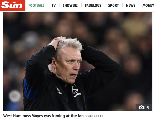 [사진] 황당해 하는 모예스 감독 / 더 선 홈페이지 캡쳐.