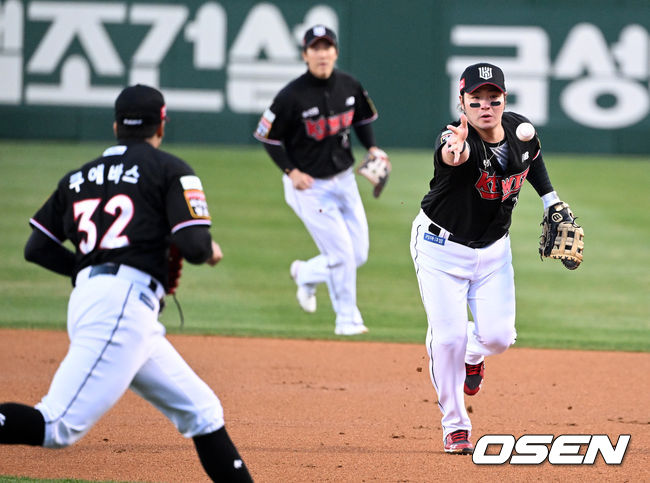 1회말 KT 박병호가 한화 정은원의 1루땅볼을 처리하며 쿠에바스에 토스하고 있다. 2022.04.08