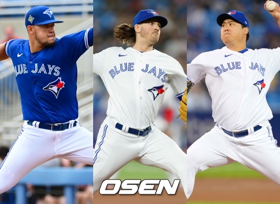 [사진] 좌측부터 호세 베리오스-케빈 가우스먼-류현진 ⓒGettyimages(무단전재 및 재배포 금지)