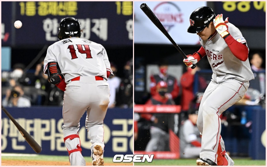 SSG 최정(왼쪽)과 한유섬이 사구에 맞는 장면. /OSEN DB