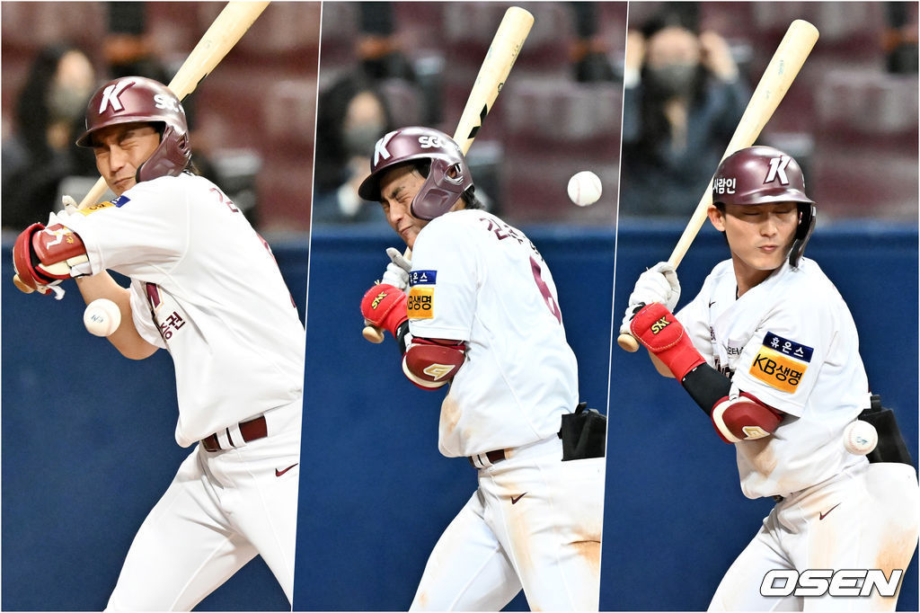 키움 김주형은 이 날 한 경기에서 세 번의 몸에 맞는 볼을 기록했다. 한 경기 세 번의 사구는 역대 한 경기 최다 사구 타이 기록이다. 2022.04.13 /rumi@osen.co.kr