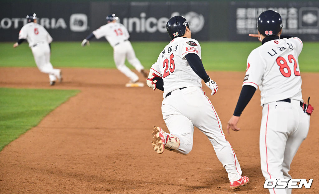 롯데 자이언츠 한동희가 7회말 1사 1,2루 담장을 직접 맞히는 안타를 쳤으나 2루주자 김민수와 1루주자 안치홍이 2루에 같이 있는 상황이 벌어지고 있다. 