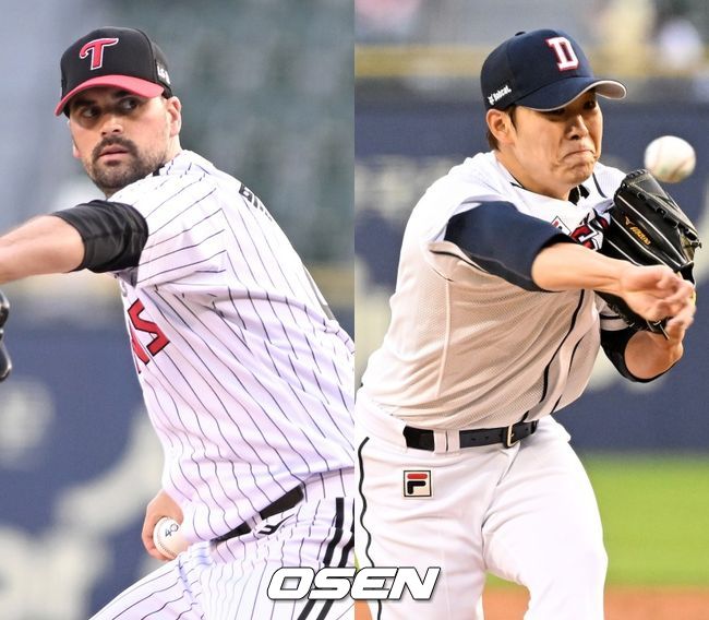LG 트윈스 아담 플럿코(왼쪽), 두산 베어스 최원준. /OSEN DB