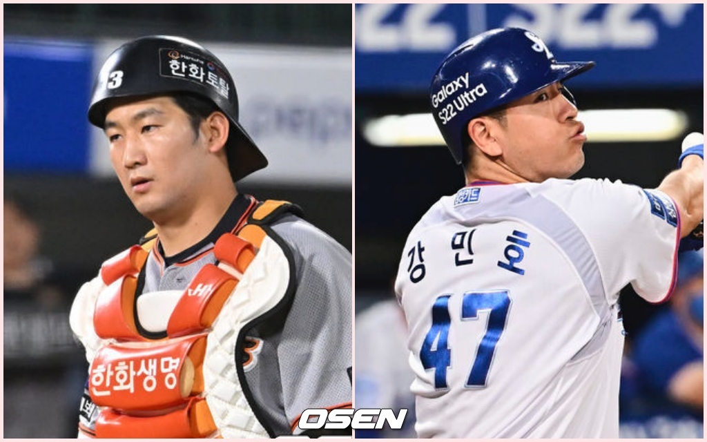 한화 포수 최재훈(왼쪽)과 삼성 포수 강민호. /OSEN DB