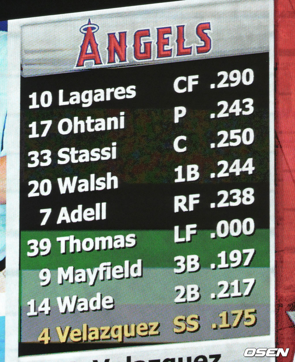 2번타자, 선발투수로 나선 오타니 쇼헤이를 비롯한 에인절스 라인업이 표시된 전광판의 모습.