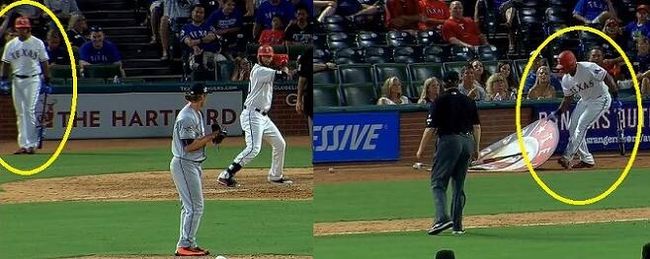 벨트레가 대기 타석 매트를 옮기는 개그를 펼치고 있다.    mlb.tv 화면