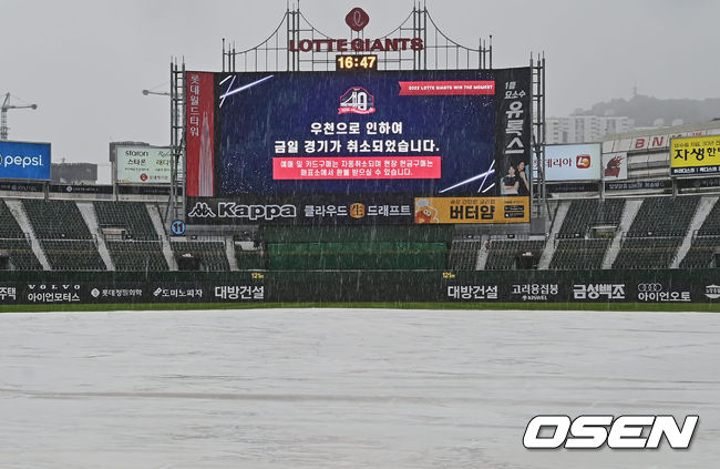 16일 부산 사직구장에서 열릴 예정이던 ‘2022 신한은행 SOL KBO리그’ 롯데 자이언츠와 두산 베어스의 경기가 비로 취소돼 전광판을 통해 고지되고 있다. 2022.08.16 / foto0307@osen.co.kr