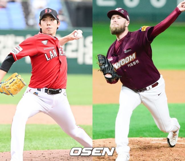 SSG 랜더스 오원석(왼쪽), 키움 히어로즈 에릭 요키시. /OSEN DB