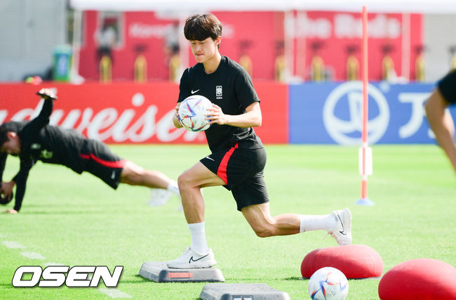 파울루 벤투 감독이 이끄는 축구대표팀이 19일(현지시간) 카타르 도하 알 에글라 훈련장에 훈련을 가졌다.이재성이 밸런스 훈련을 하고 있다.     2022.11.19 /  soul1014@osen.co.kr