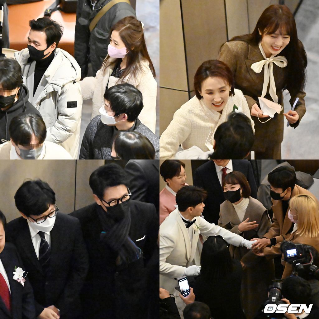23일 오후 서울 영등포구 페어몬트 앰버서더 서울에서 방송인 박수홍이 23세 연하의 아내와 백년가약을 맺었다.김국진 강수지 부부와 이수영, 오나미, 손민수, 임라라, 유재석, 지석진(시계방향)이 하객으로 입장하며 신랑 박수홍을 만나고 있다. 2022.12.23 / rumi@osen.co.kr