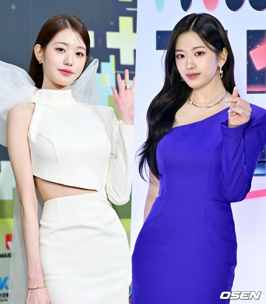 16일 오후 서울 잠실 실내체육관에서 열린 ‘2022 KBS 가요대축제:Y2K’ 레드카펫 행사에서 그룹 아이브의 장원영 (왼쪽)과 24일 오후 서울 구로구 고척스카이돔에서 열린 2022 SBS 가요대전 레드카펫 행사에서 아이브의 안유진(오른쪽)이 무대 위에서 포즈를 취하고 있다. /rumi@osen.co.kr