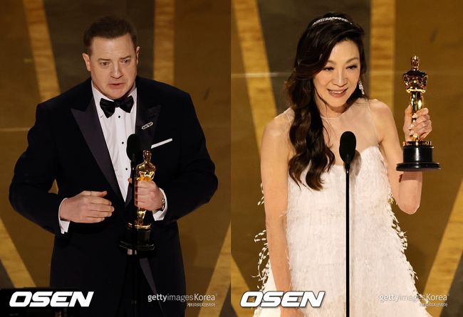 제95회 아카데미에서 남녀주연상을 받은 브렌든 프레이저와 양자경