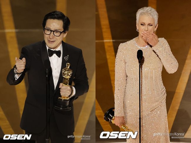 제95회 아카데미에서 남녀조연상을 받은 '에브리씽 에브리웨어 올 앳 원스'의 키 호이 콴, 제이미 리 커티스