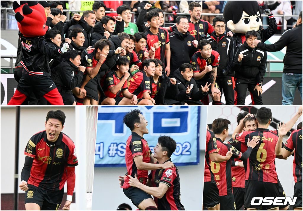 8일 오후 서울 상암월드컵경기장에서 '하나원큐 K리그1 2023' 6라운드 FC서울과 대구FC의 경기가 열렸다. 이 경기에서 서울은 전반 황의조, 나상호, 팔로세비치의 골에 힘입어 3-0으로 완승을 거뒀다. 이날 결과로 서울(4승 2패, 승점 12)은 한 경기 덜 치른 대전(3승 2무, 승점 11)을 3위로 끌어내리고 2위로 일단 올라섰다. 경기를 마치고 서울 선수들이 서포터즈 앞에서 승리의 포즈를 취하고 있다. 2023.04.08 /rumi@osen.co.kr