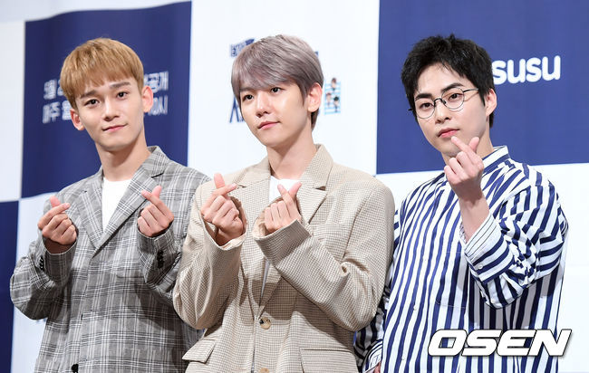 엑소 첸, 백현, 시우민이 29일 오후 서울 논현동 임피리얼 팰리스 서울에서 열린 '엑소의 사다리 타고 세계여행-첸백시 일본편' 제작발표회에 참석해 포토타임을 갖고 있다. / youngrae@osen.co.kr