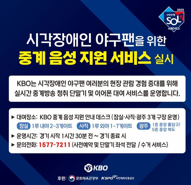 KBO는 오는 4일부터 잠실, 사직, 광주 3개 구장에서 KBO리그 시각장애인 현장 관람객 대상 중계 음성 지원 서비스를 실시한다. / KBO