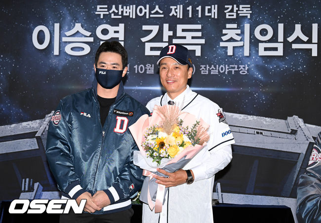 두산 김재환(좌)과 이승엽 감독 / OSEN DB