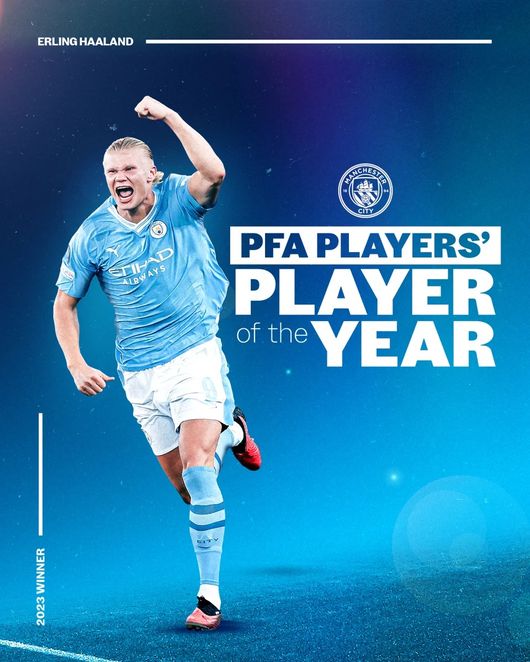 [사진] 2022-2023시즌 PFA 올해의 선수상을 차지한 엘링 홀란 / 맨체스터 시티 소셜 미디어.