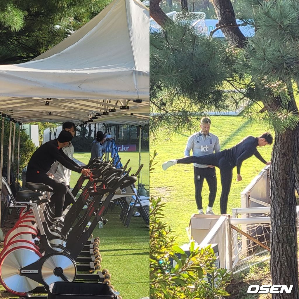 [사진] 사이클 탄 뒤 스트레칭 하고 있는 손흥민 / 노진주 기자.