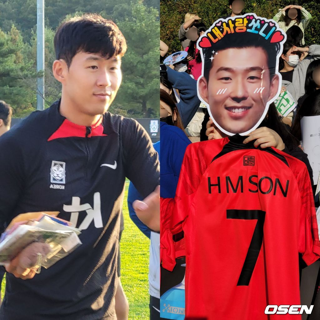 [사진] 오픈 트레이닝 온 팬들에게 감사 인사하는 손흥민. 손흥민 사진과 유니폼 / 노진주 기자.