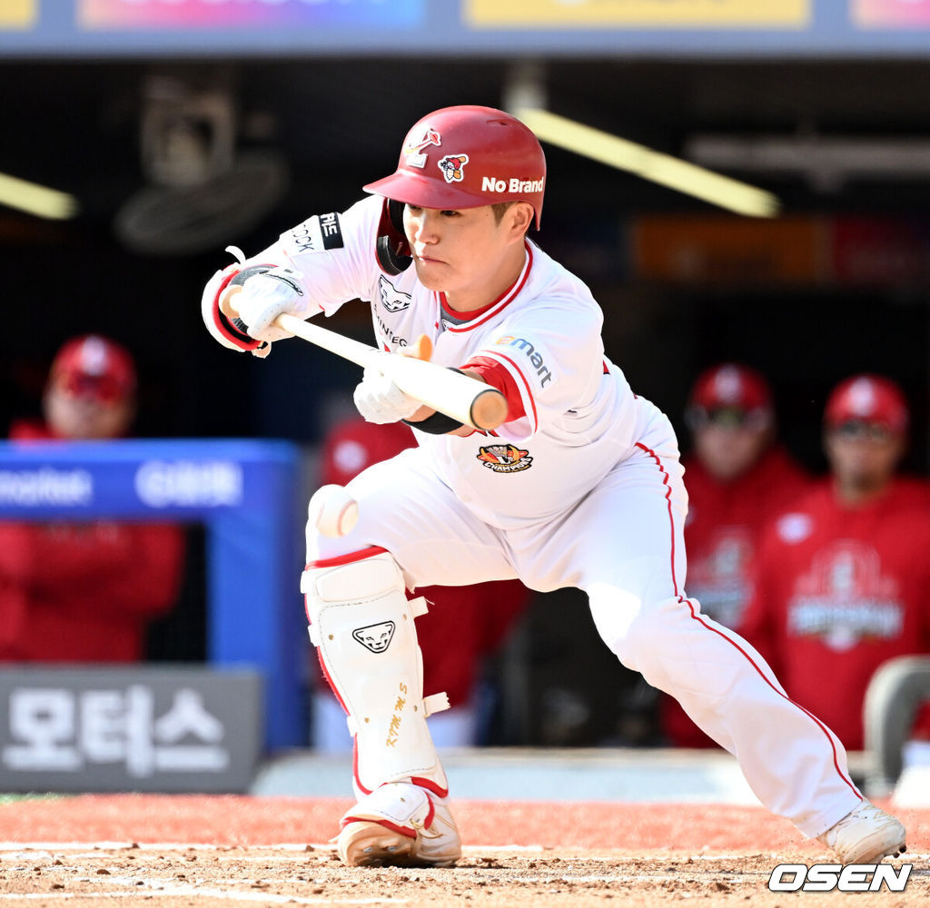 22일 인천 SSG랜더스필드에서 2023 KBO 준플레이오프 SSG 랜더스와 NC 다이노스의 경기가 열렸다.3회말 무사 1,2루에서 SSG 김민식이 번트를 시도하고 있다. 2023.10.22 /sunday@osen.co.kr