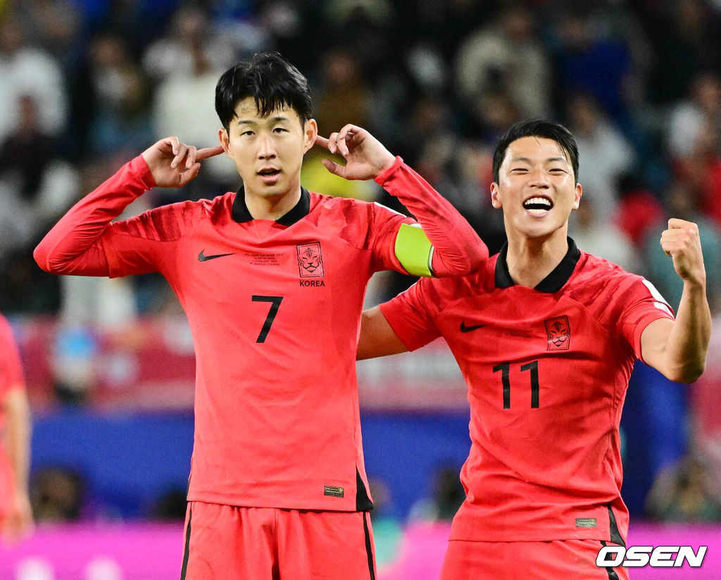 3일(한국시간) 카타르 알 와크라에 위치한 알 자누브 스타디움에서 2023 아시아축구연맹(AFC) 아시안컵 8강 대한민국과 호주의 경기가 열렸다. 연장 전반 손흥민이 역전골을 만든 뒤 세리머니를 하고 있다. 2024.02.03 / jpnews.osen.co.kr