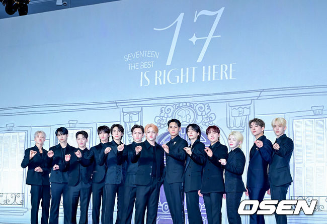 29일 오후 서울 여의도 콘래드호텔에서 세븐틴 베스트 앨범 ‘17 IS RIGHT HERE’ 발매 기념 글로벌 기자간담회가 열렸다.<br /><br />‘17 IS RIGHT HERE’는 세븐틴의 과거-현재-미래를 집대성한 앨범이다. 여기에는 타이틀곡 ‘MAESTRO’를 비롯해 힙합 유닛의 ‘LALALI’, 퍼포먼스 유닛의 ‘Spell’, 보컬 유닛의 ‘청춘찬가’ 등 신곡 4곡과 세븐틴의 이름을 빛낸 역대 타이틀곡 28곡, 연주곡 ‘아낀다 (Inst.)’가 담겼다.<br /><br />그룹 세븐틴(호시, 준, 디노, 디에잇, 원우, 버논, 에스쿱스, 민규, 정한, 승관, 우지, 조슈아, 도겸)이 포토타임을 하고 있다. 2024.04.29 /jpnews@osen.co.kr