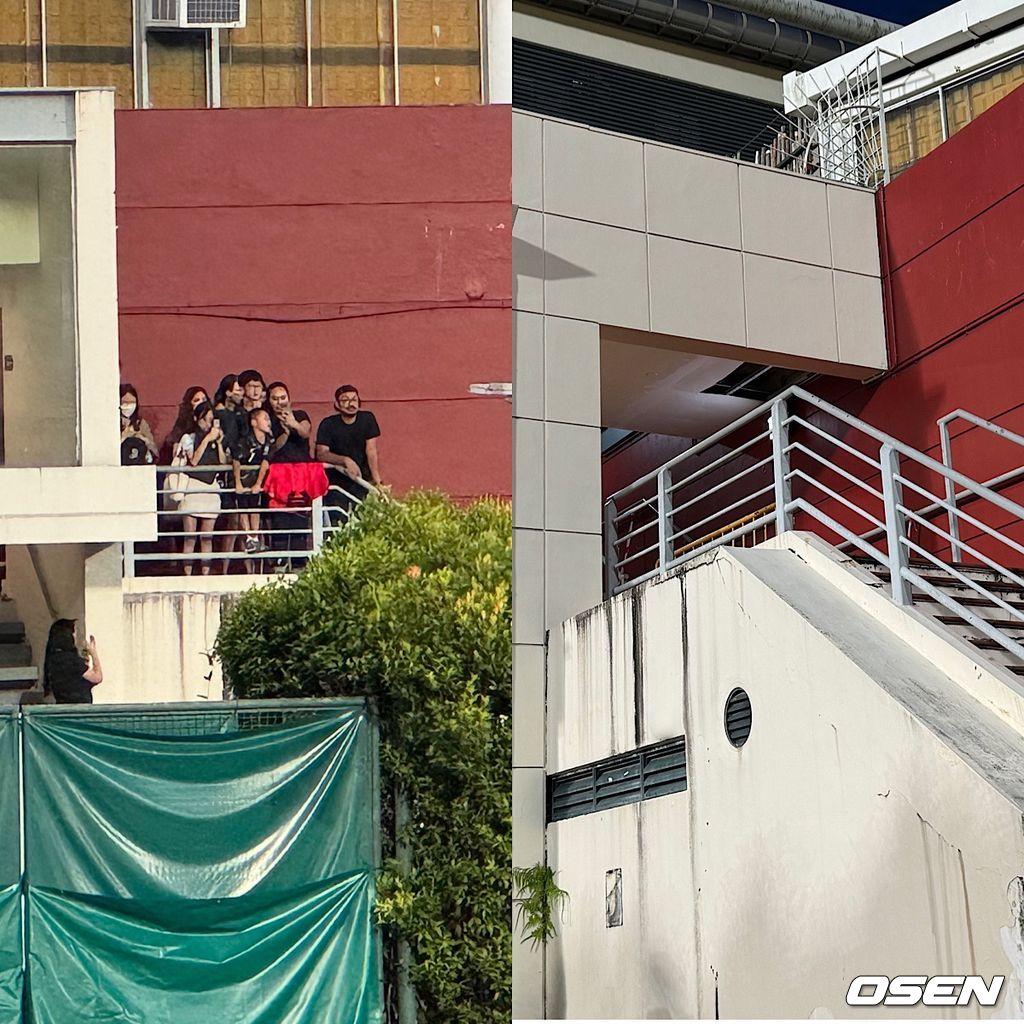 [사진] (왼쪽) 한국 축구대표팀의 훈련장 주변 높은 건물에서 한국 선수단을 구경하는 사람들 / (오른쪽) 훈련이 비공개로 전환된 후 / 노진주 기자