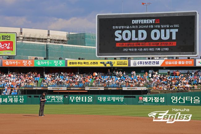 한화가 16일 대전 SSG전에서 시즌 27번째 홈경기 매진을 이뤘다. /한화 이글스 제공