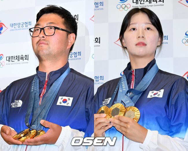 [사진=OSEN DB] '2024 파리 올림픽'에서 금메달 3관왕을 차지하고 대한체육회 MVP로 선정된 양궁 대표팀 소속 김우진(왼쪽), 임시현(오른쪽) 선수.