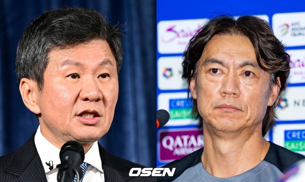 [사진]대한축구협회 정몽규 회장(왼쪽)과 홍명보 대한민국 축구대표팀 감독 /OSEN DB.