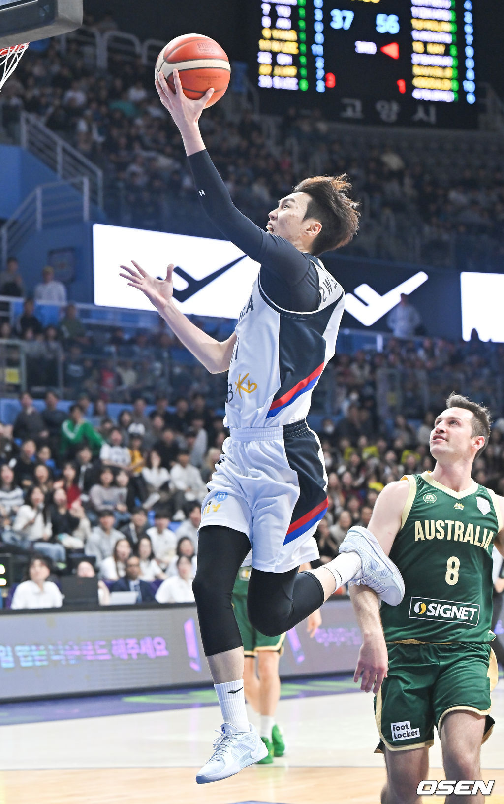 24일 고양 소노 아레나에서 2025 국제농구연맹(FIBA) 아시아컵 예선 A조 한국과 호주의 경기가 진행됐다.조별리그 6경기 중 3경기를 마친 한국은 조 2위를 유지하며 각 조 2위까지 주어지는 아시아컵 본선 직행에 도전하고 있다. 3쿼터 이우석이 레이업슛을 성공시키고 있다. 2024.11.24   / soul1014@osen.co.kr