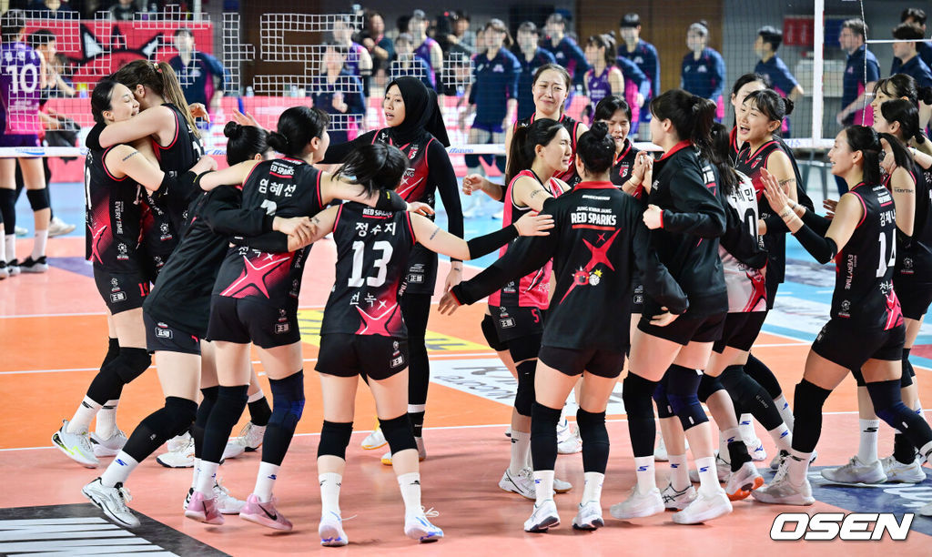 4일 대전 충무체육관에서 프로배구 도드람 2024-2025 V리그 여자부 챔피언결정 3차전 정관장과 흥국생명 경기가 진행됐다. 이 경기에서 정관장은 세트 스코어 3-2(21-25, 34-36, 25-22, 25-17, 15-11) 대역전승을 거뒀다. 메가가 40점, 부키리치가 31점으로 도합 71점을 합작했다. 경기를 마치고 정관장 선수들이 기뻐하고 있다. 2025.04.04 / rumi@osen.co.kr